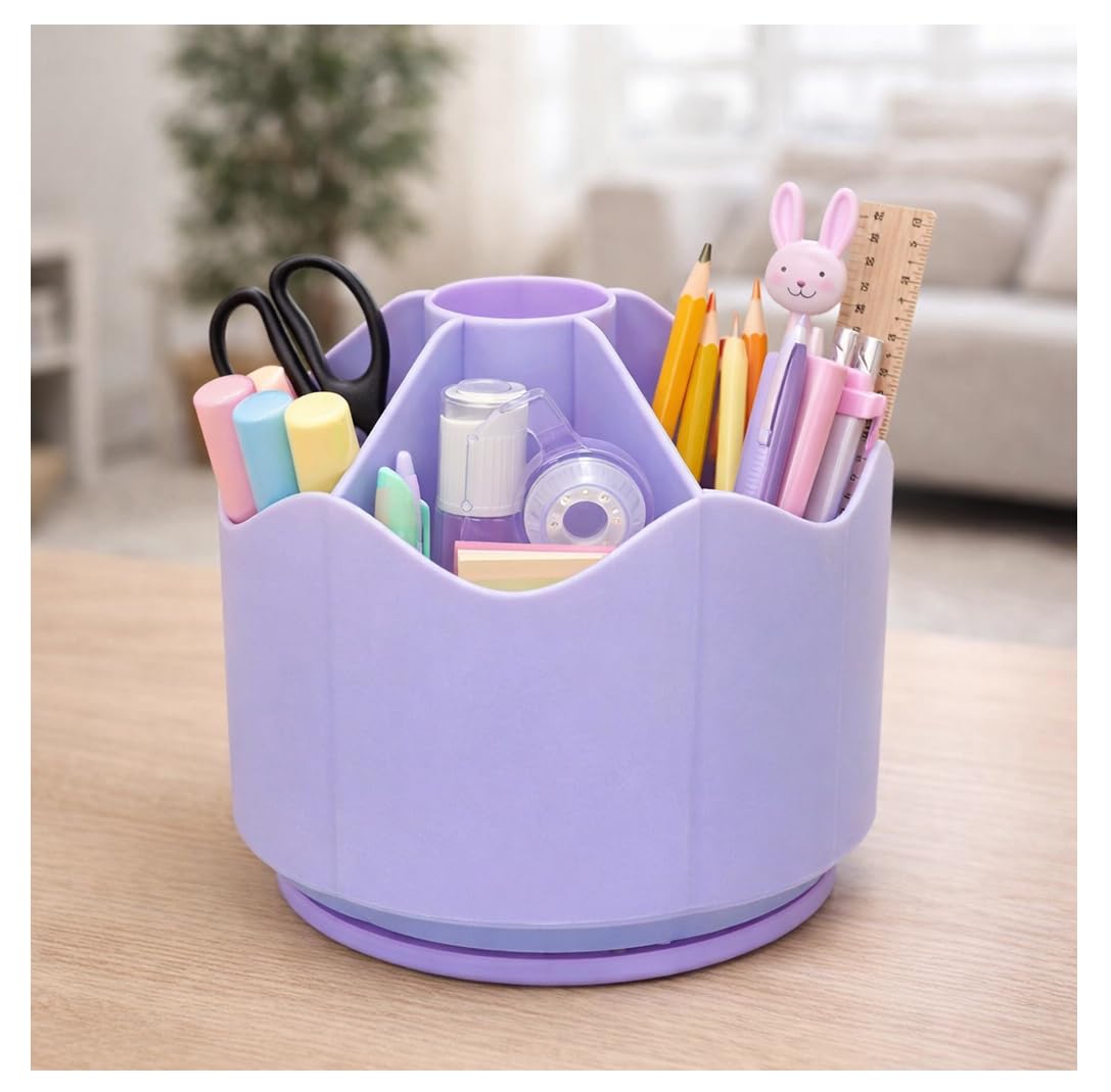 AccuPrints Desk Organizer Pen Holder, Green, Plastic, Multi-Compartment, Cylindrical, 13.5x12.7 cm, Matte Finish, Freestanding (Purple)