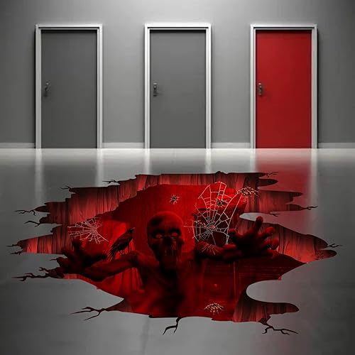 Calcomanías 3D para suelo de Halloween, diseño de zombi aterrador, decoración artística, fantasma sangriento, calcomanías de suelo estiradas,