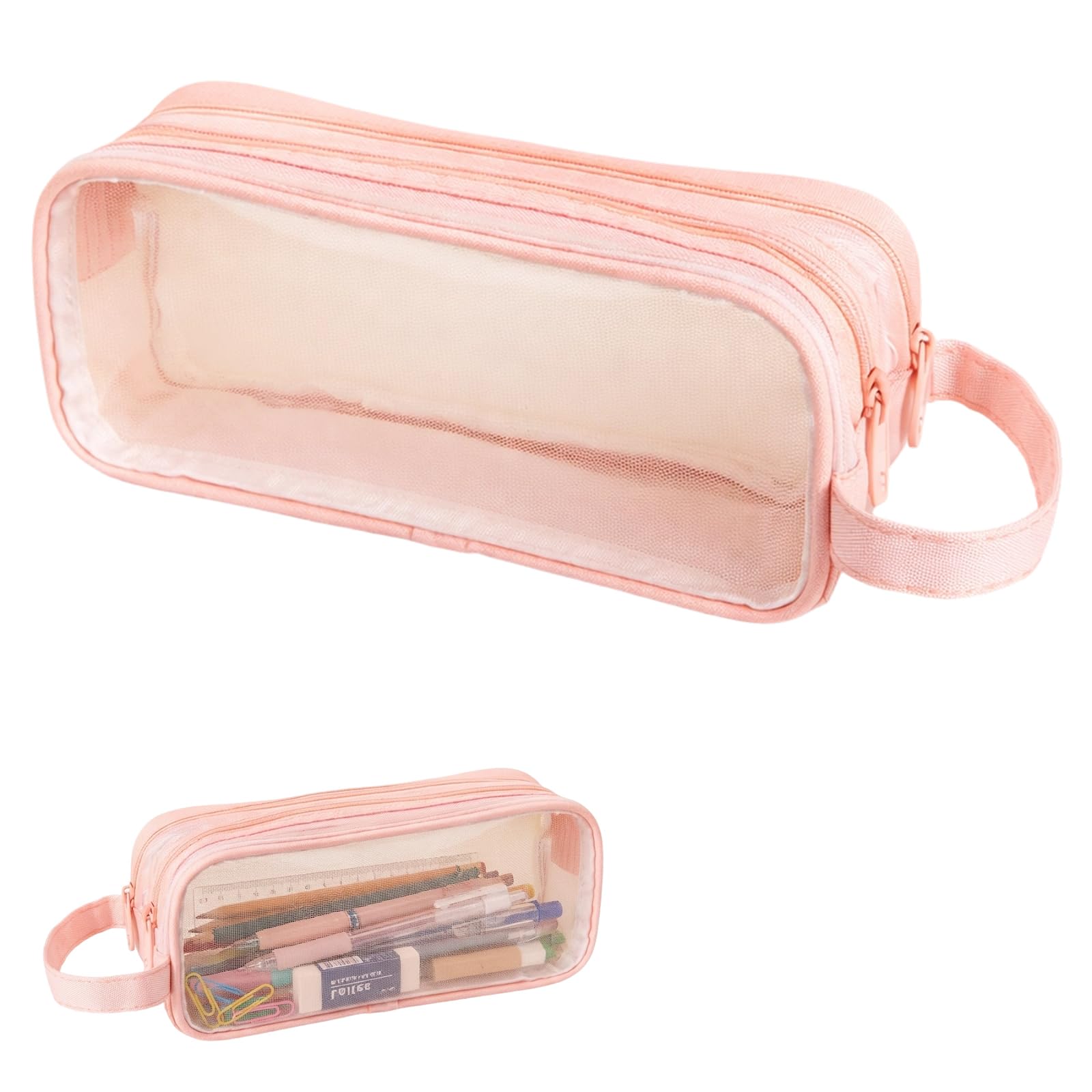 Tniytru Clear Pencil Case, Transparent Mesh Pink Pen Bag with 2 Compartments, Large Capacity Portable Pencil Pouch for Exams, See Through Stationery Organiser for School, Office, Makeup