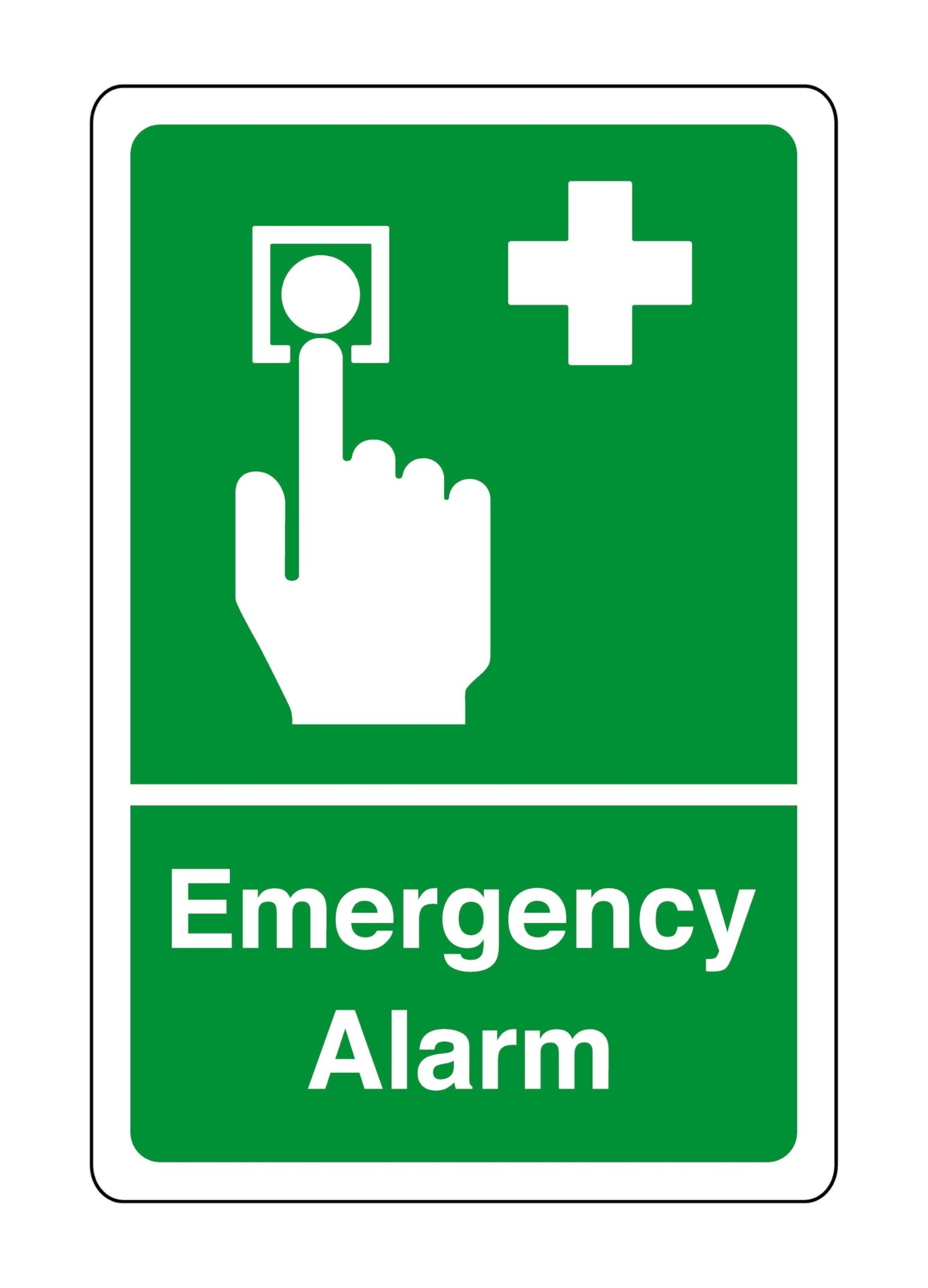 Emergency alarm - safety sign - High tack self-adhesive sticker (150mm x 100mm) Viewing Distance within 3m.