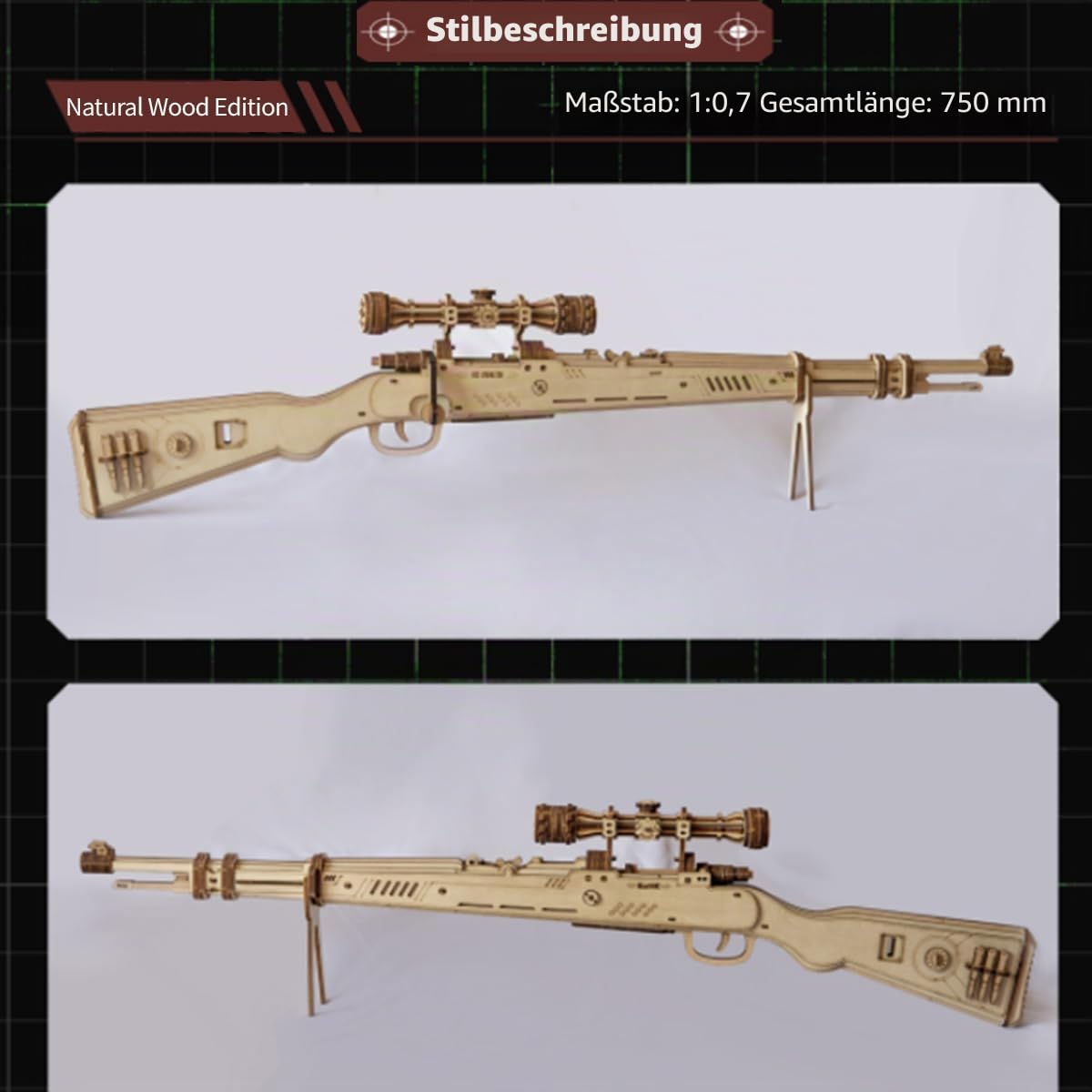 3D Holz Kar98k Gewehr Modellbausatz Steampunk Cowboy, DIY Holzpuzzle, Präzisionsmodell, Interaktive Gummiband-Funktion, Perfekt für Erwachsene, Dekoration & Hobby (Naturholz/200+ Teile)