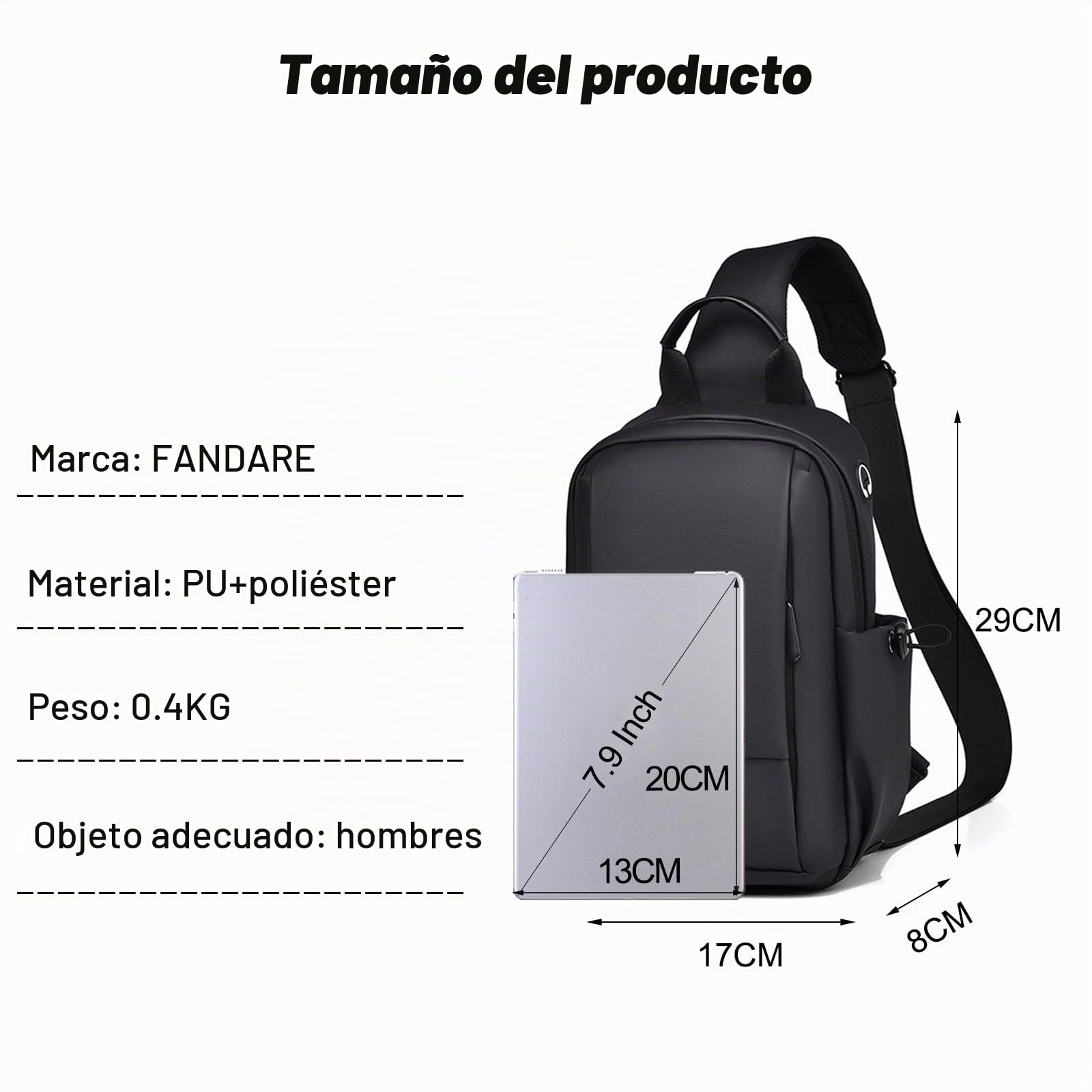 FANDARE Bolso Cruzado Hombre Bolso Hombre Mochila Cruzada Hombre Bolso Bandolera con Agujero de Auriculares PU Poliéster Bolsa Deportivas para Negocios Trabaja Viaje Bolso de Mensajero Negro