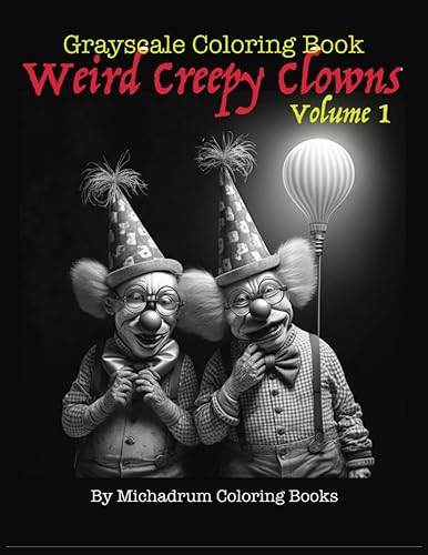 Weird Creepy Clowns Grayscale Coloring Book, 8.5x11, Softcover, 25 Grayscale Illustrations to Color, Single-Sided, For Adults Beware of Smiling