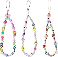 Ninelimi 3-Pack Smile Face Beaded Phone Lanyard Wrist Strap - Handmade Rainbow Fruit Star Pearl Beads Keychain for Women
