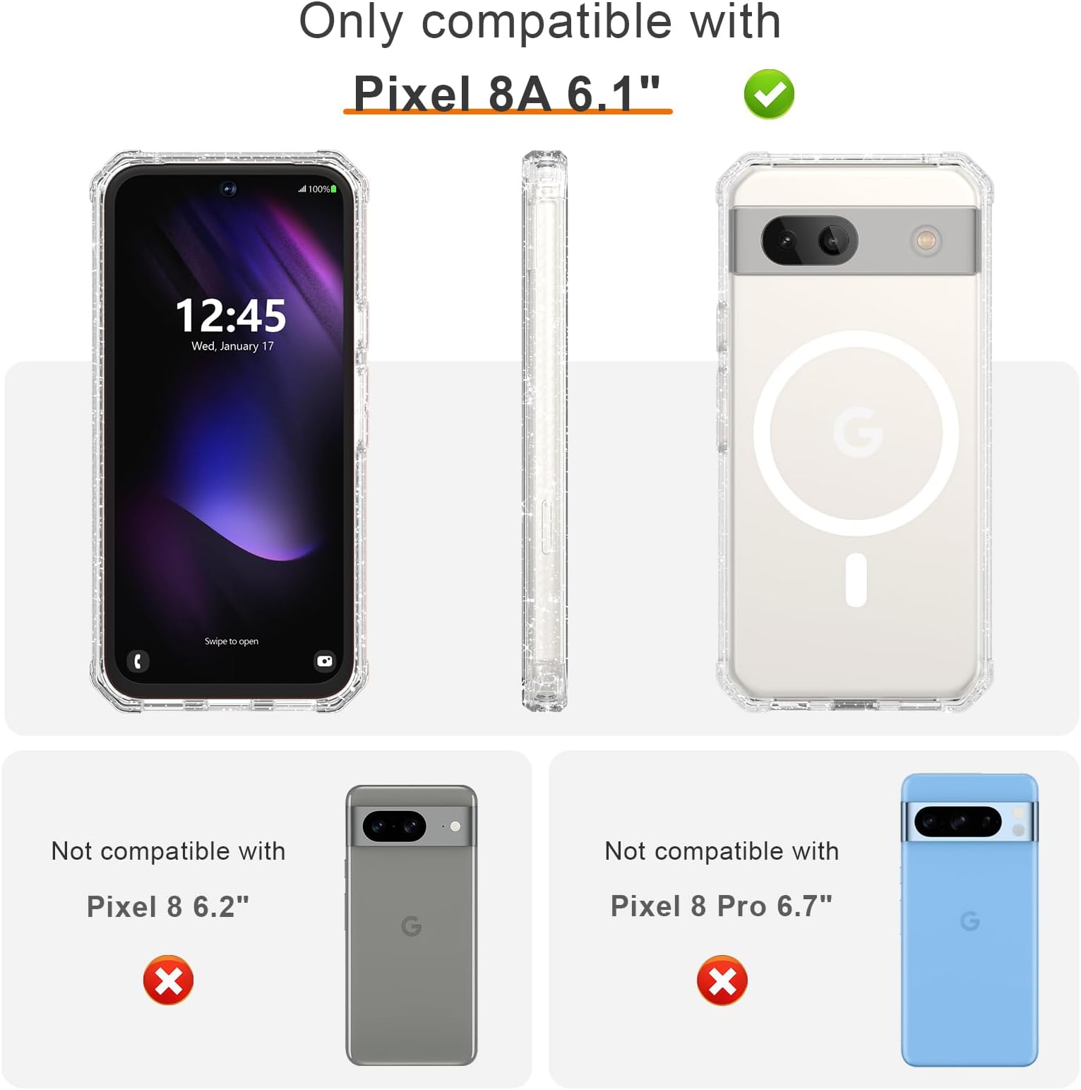 ANNSD for Google Pixel 8A Case,Magnetic Shockproof with Translucent Protective Cover,Slim Full Body Drop Protection for Wireless Charging(Clear Bling)