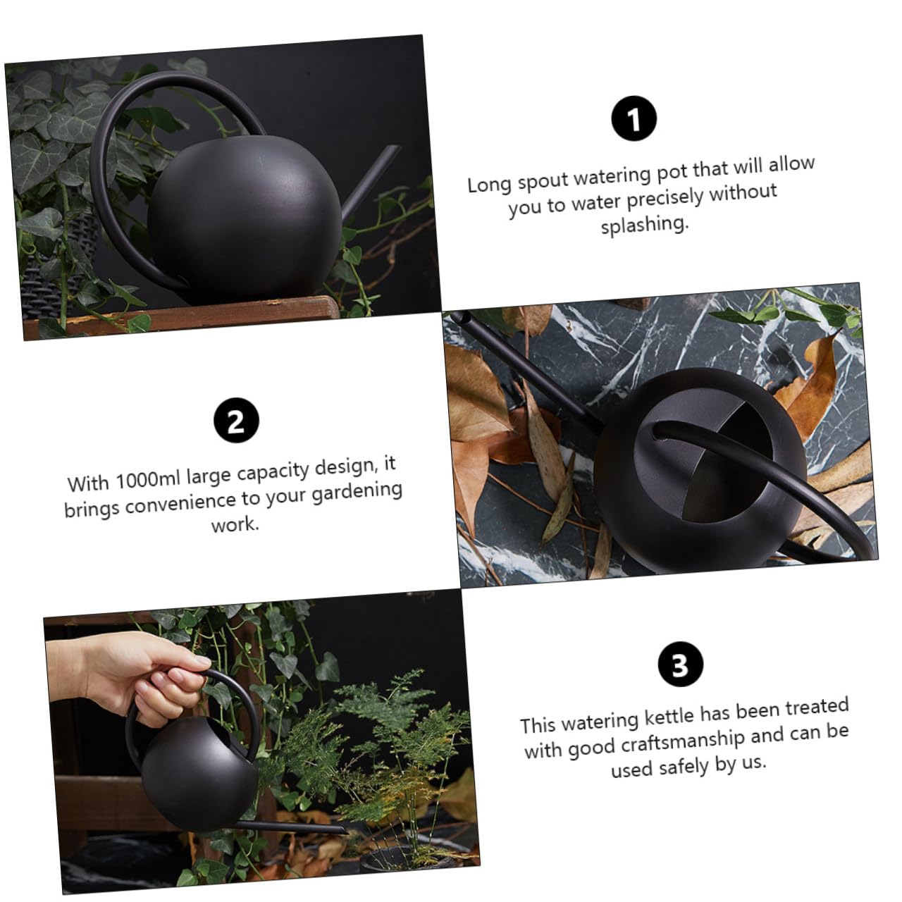 Edelstahl Gießkanne 1000 Ml mit Langem Ausguss Matte Schwarze Gartengießkanne Präzises Spritzfreies Gießen Großer Einfüllöffnung für Garten und Zimmerpflanzen