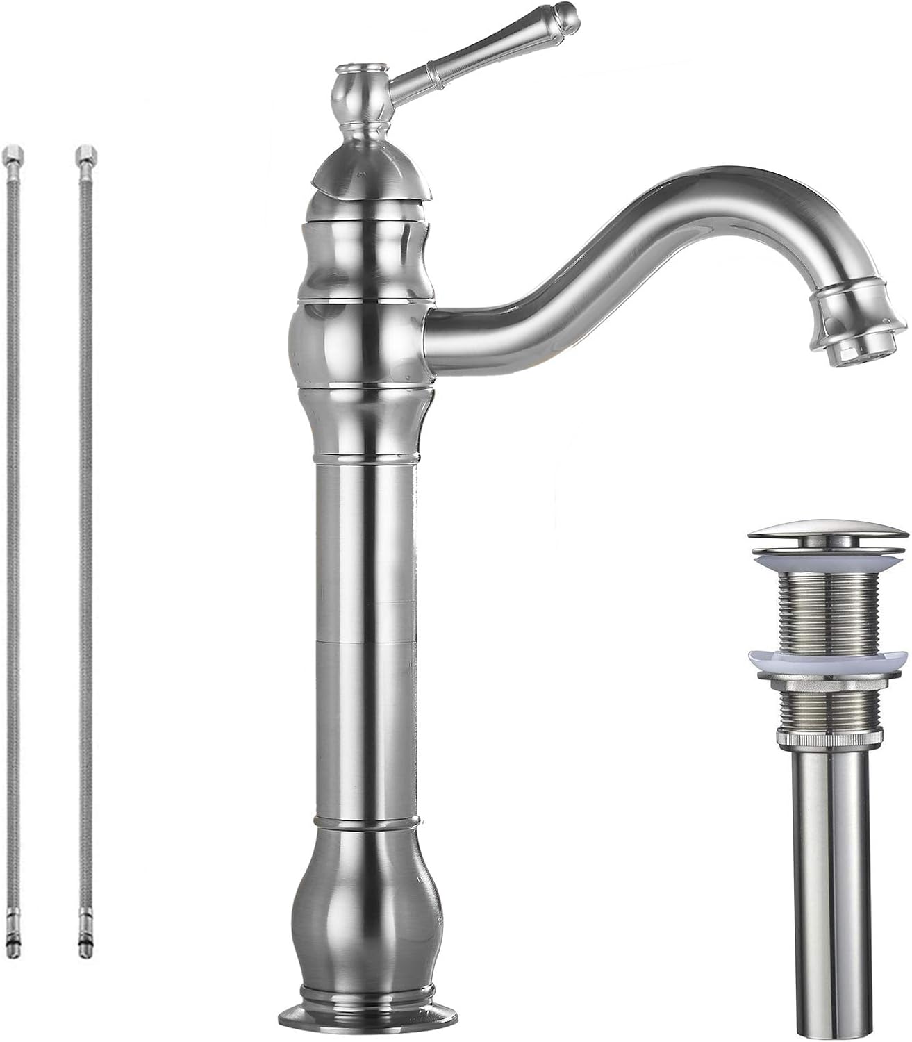 360° Swivel Bathroom Vessel Sink Faucet Brushed Nickel Tall Body Single Handle One Hole Bowl Sink Lavatory Vanity Faucet Matching Pop up Drain Without Overflow Commercial Deck Mount