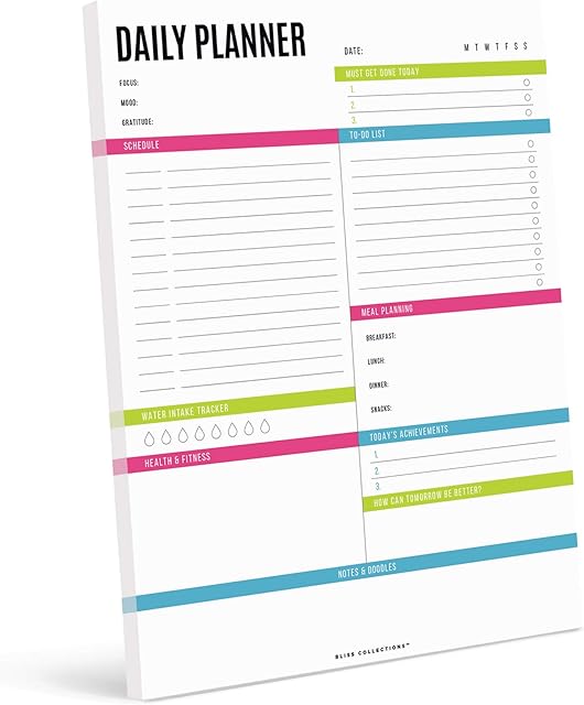 Bliss Collections Daily Planner with 50 Undated 210 x 297 mm Tear-Off Sheets, Vibrant Calendar, Organiser, Scheduler, Productivity Tracker, Meal Prep, Organise Tasks, Goals, Notes, Ideas, To Do Lists