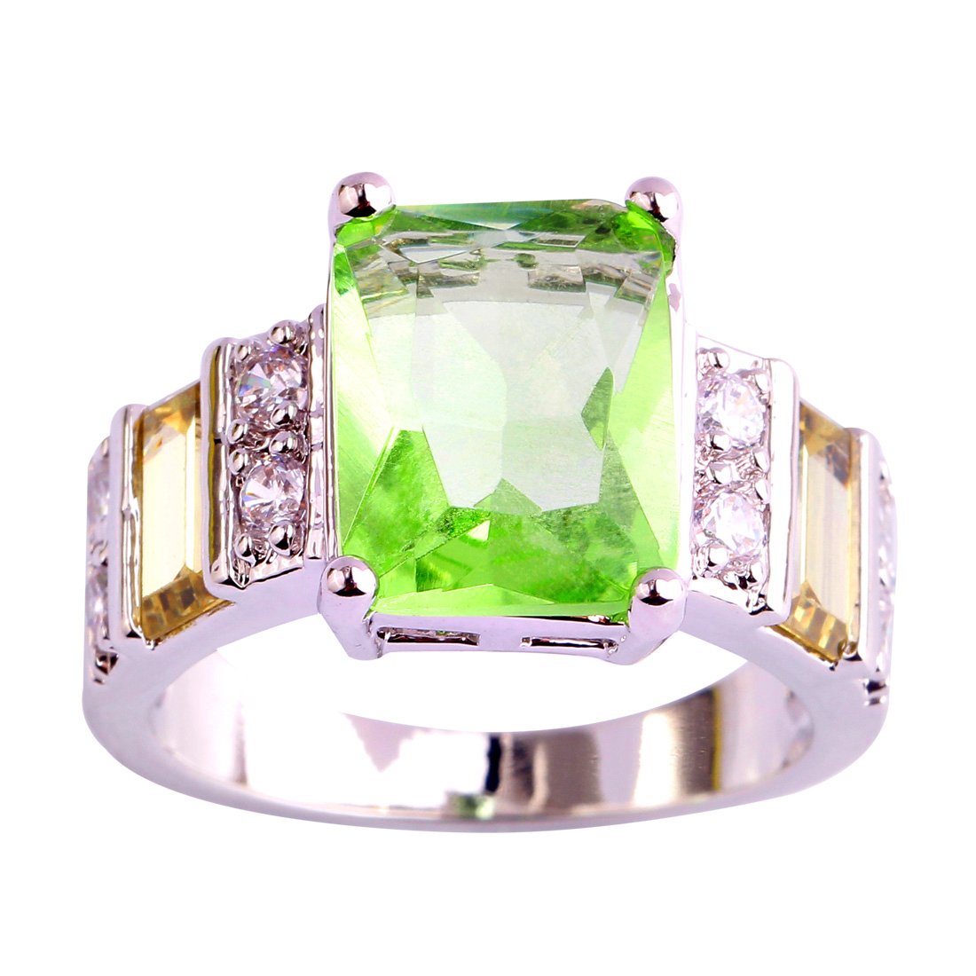 Psiroy 925 Sterling Silver Plated Emerald Cut Simulated Morganite Wide Band Engagement Ring