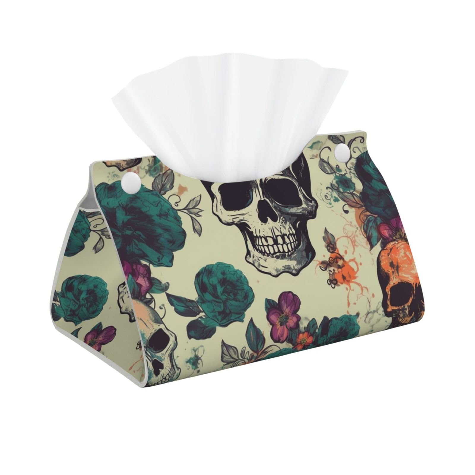 Pu Leather Tissue Box Cover, Skull Flower Rectangle Tissue Case Covers Decorative Tissue Box Holder Waterproof Tissue Holder Organizer for Bathroom Home Office