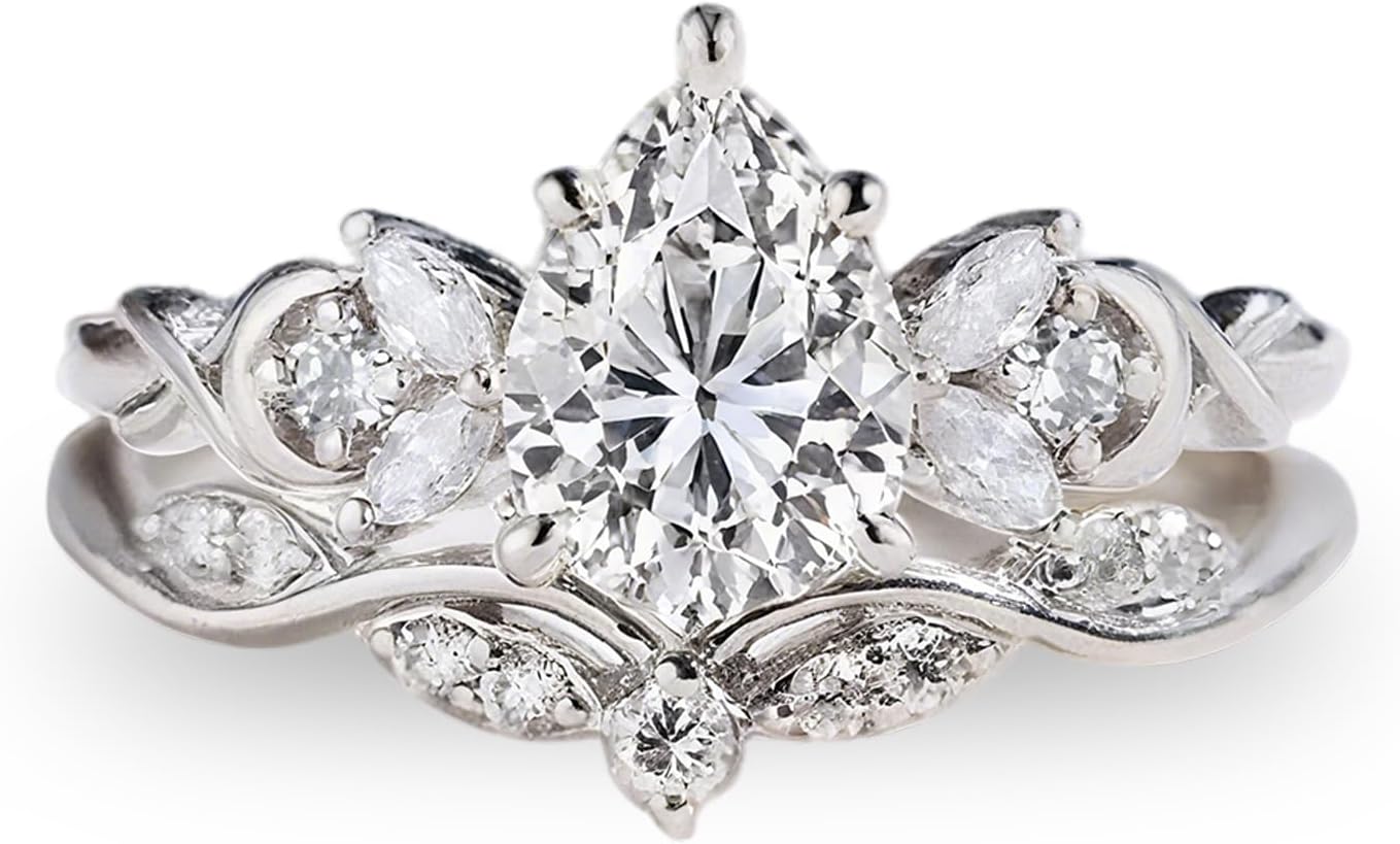 1-4 Carat Pear Cut Moissanite Wedding Ring Set 10K 14K 18K Rose/Yellow/White Gold Teardrop Gemstone Engagement Ring Set Promise Anniversary Ring Set for Women