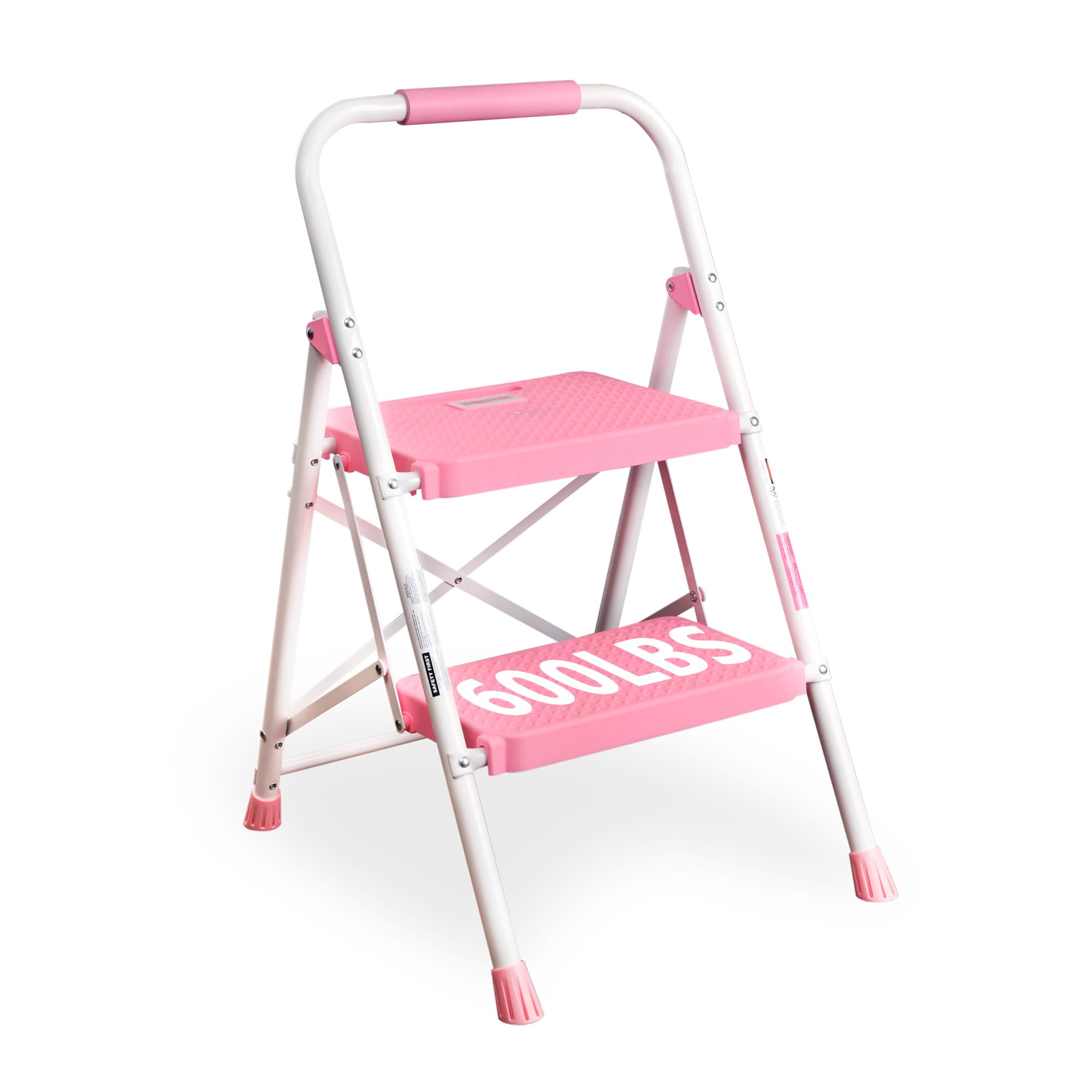 BONTEC 2-Step Ladder, Folding Step Stool, 600lbs Max Load Capacity, Sturdy Steel, Non-Slip Pedals, Lightweight, Portable Steel Ladder with Convenient Handrail, Safety Design for Home & Work, Pink