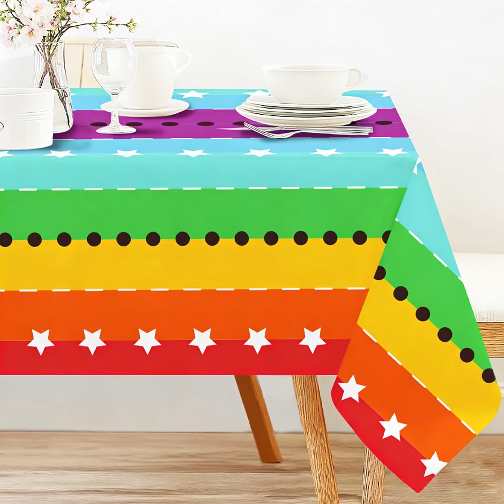 INFUNLY Polyester Rainbow Tablecloth 59.84x90.16 Rectangle Table Cloth Colorful Stripe Table Cloth Printed Table Cover Modern Table Cover for Kitchen Dinner Wedding Picnic Pride Month