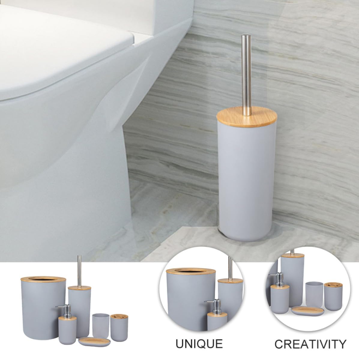 SOIMISS Conjunto de Accesorios de Baño Soporte para Cepillo de Dientes de Bambú y Plástico, Incluye Dispensador de Jabón Vaso para Enjuague Bucal, Diseño Elegante y Fácil de Transportar