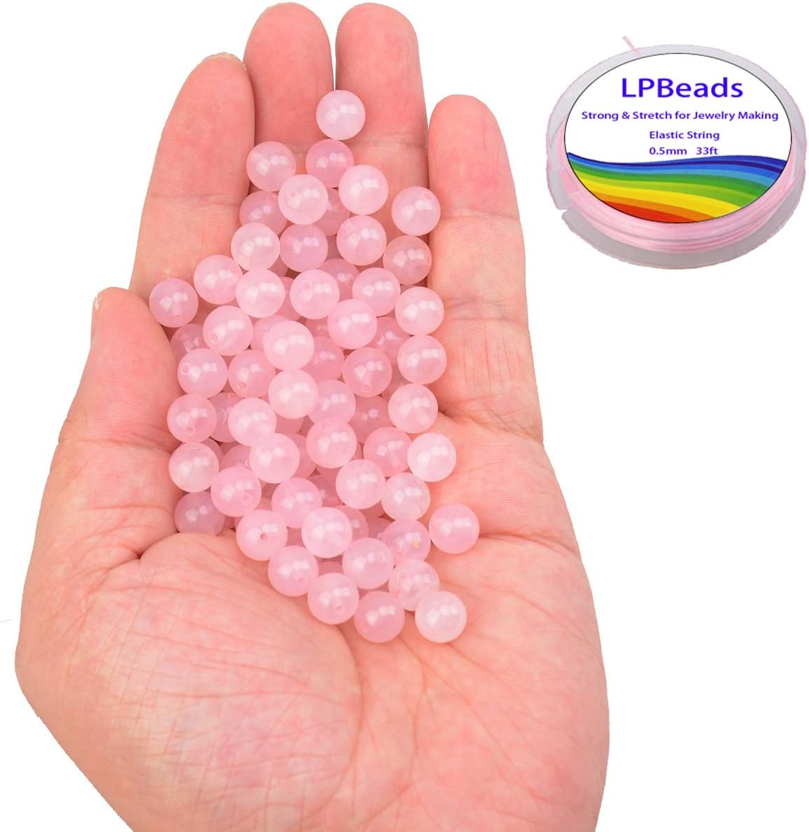 LPBeads 100PCS 8mm Natural Rose Quartz Beads Gemstone Round Loose Beads for Jewelry Making with Pink Stretch Cord