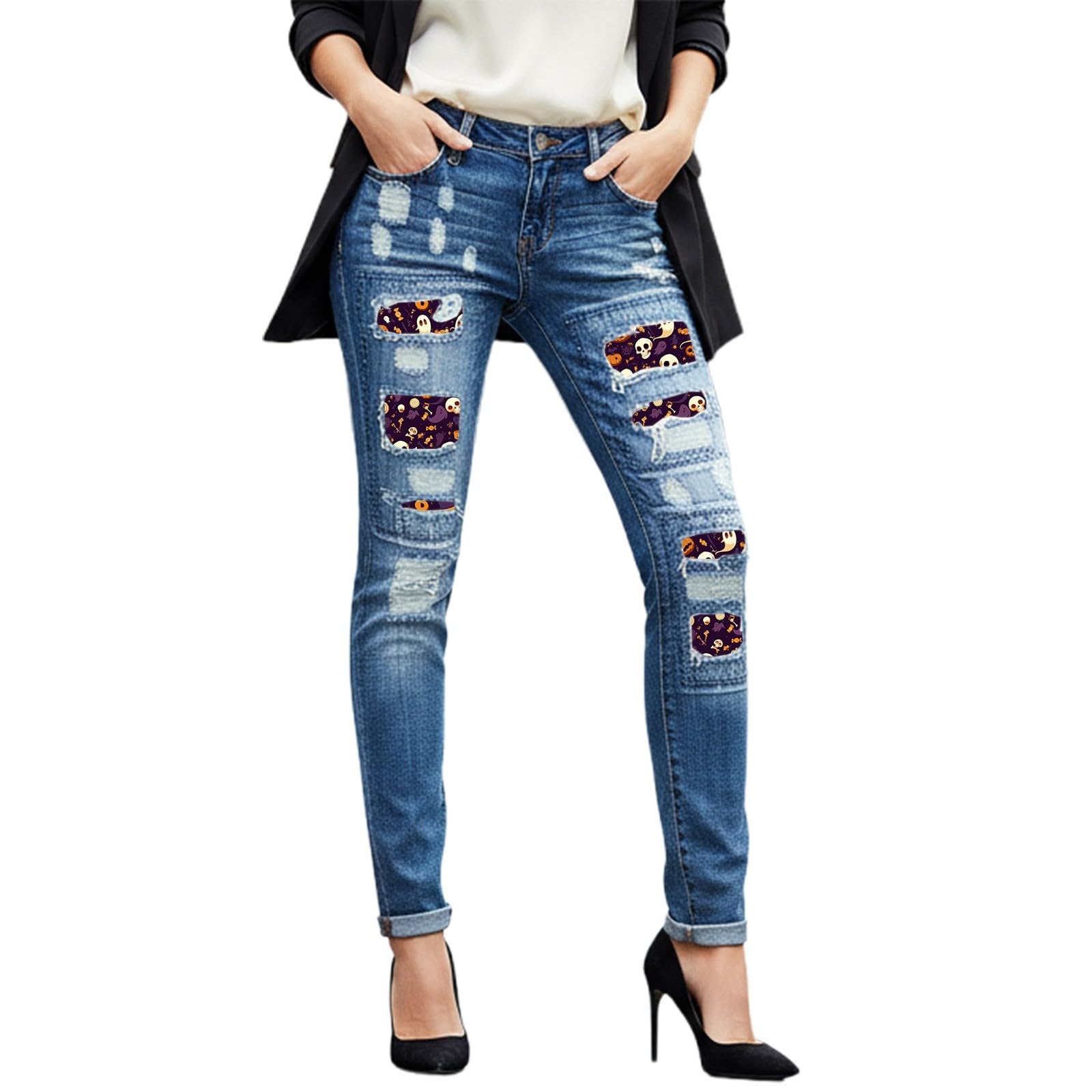 Generico Jeans Skinny Strappati di Halloween per Pantaloni Boyfriend in Denim con Toppe a Quadri e Design Senza Strappi