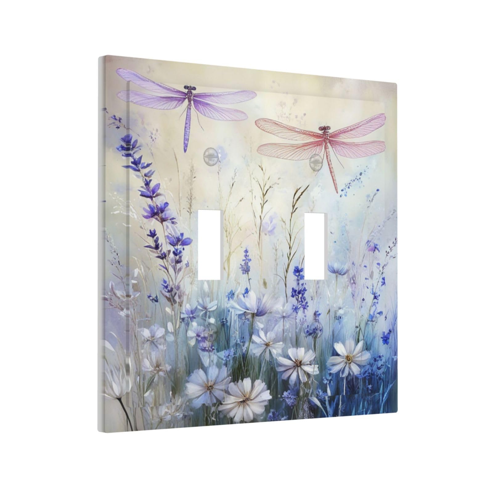 Sghxwp Watercolor Dragonfly Wildflower Double Toggle Light Switch Covers Decorative Pastel Lavender Blue Floral 2-Gang Wall Plate Electrical Switch Plate Cover Faceplate for Country Bedroom Home Decor