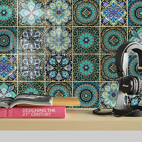 Kakofaci 30 Pcs Mandala Style Tile Sticker, 4X4 Inch(10X10Cm) Traditional Diy Murals, Tile Waterproof Oil Proof Removable Decals For Bathroom & Kitchen Backsplash Oil Proof Wall Stickers(Green) #TOP6