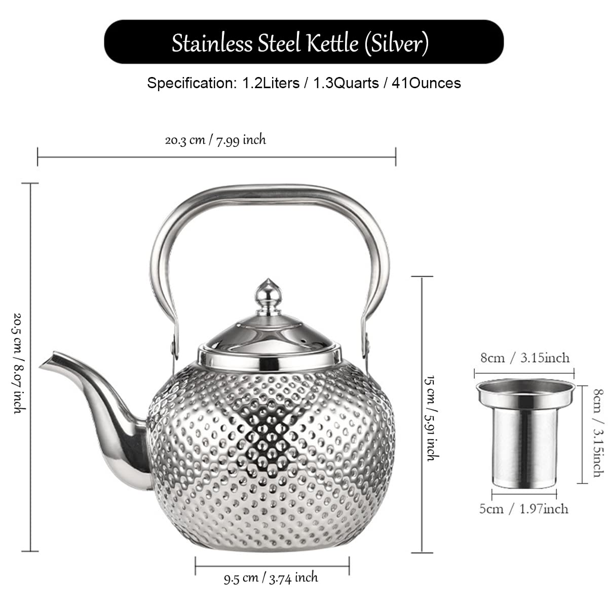 Alunsito Teapot for Stovetop, 41oz / 1.2L Tea Pot with Handle, Stainless Steel Teakettle with Tea Strainer, Stove Top Tea Kettle for Induction Cooker, Silver