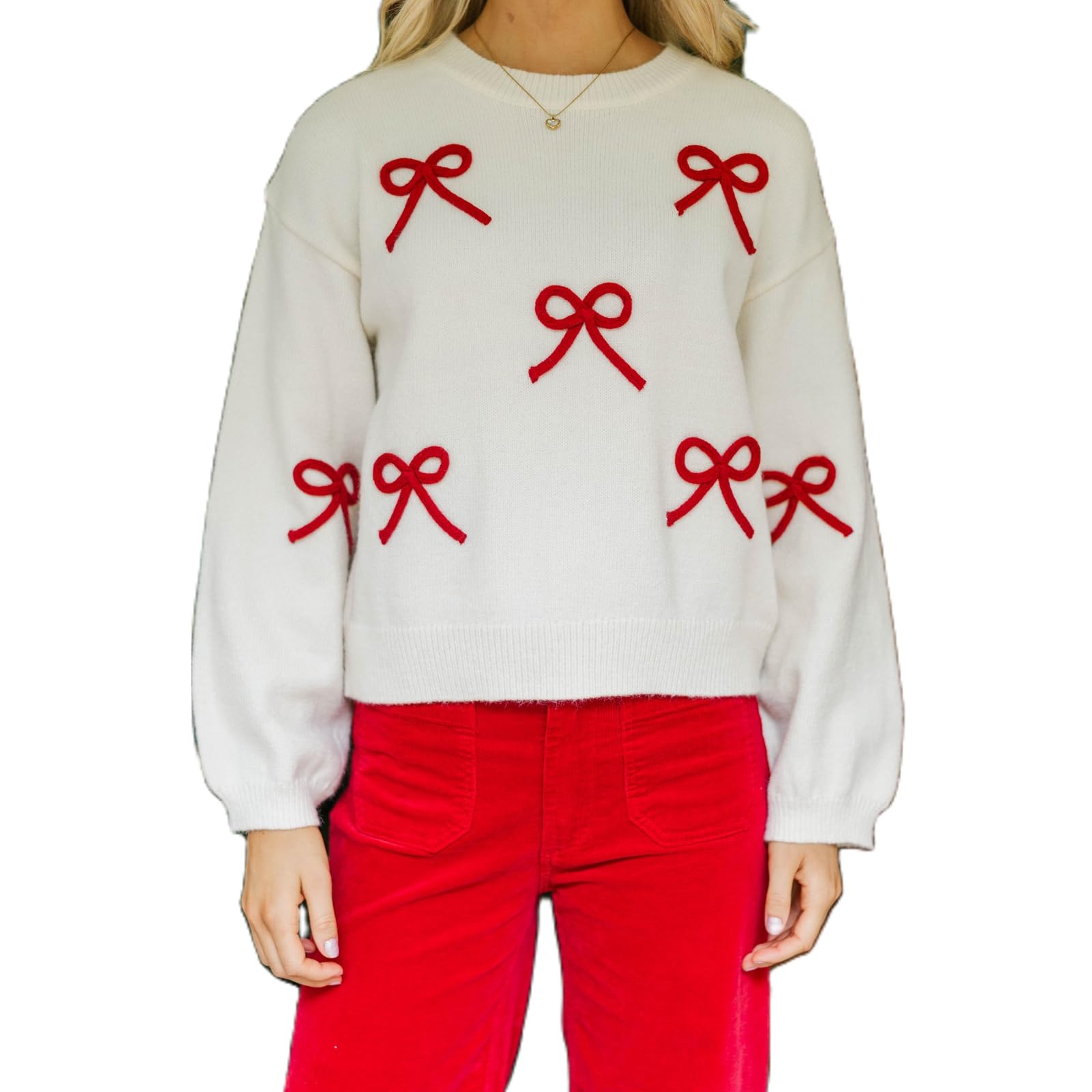 XBTCLXEBCO Cute Bow Sweater Women Vintage Long Sleeve Crew Neck Cropped Pullover Jumper Fall Sweaters Aesthetic Streetwear