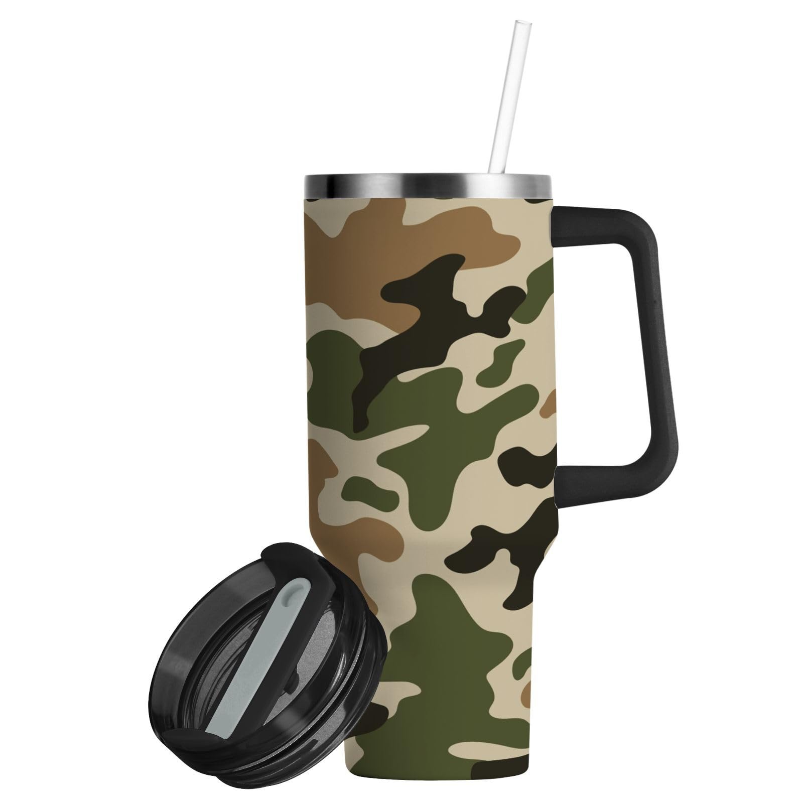 Isolierter Trinkbecher, doppelwandig, Edelstahl, Thermobecher, Reisebecher mit Griff, Strohhalm-Deckel, Camouflage, Grün
