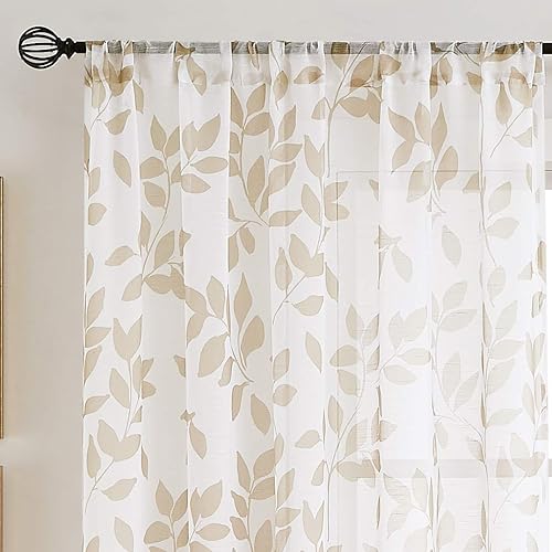 Miniatura 3 de Treatmentex - Cortinas transparentes con estampado de hojas, color blanco