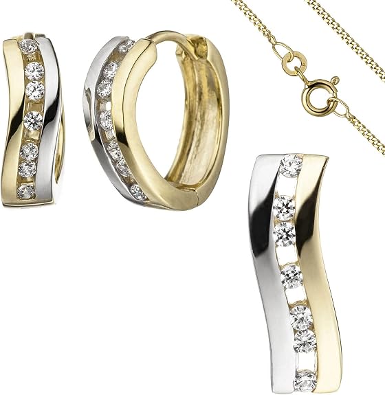 Schmuck-Set aus 333 Gold Gelbgold bicolor Zirkonia Creolen Anhänger Kette 42cm