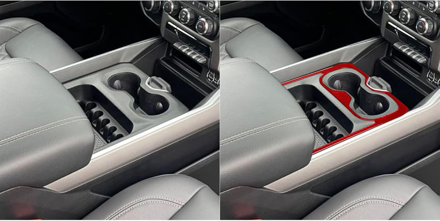 Car Center Console Cup Holder Panel Type-A Decals Red Carbon Fiber Accessories Protections Stickers Compatible with Dodge RAM 1500/2500/3500 2019 2020 2021 2022 2023 Crew Cab