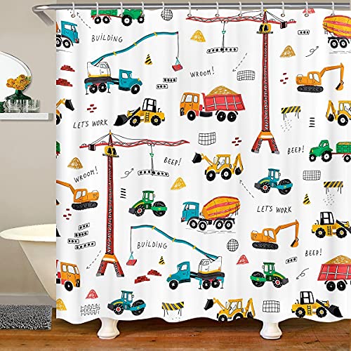 Image of Erosebridal Kid Excavator Shower Curtain, Tractor Machinery Trucks, Construction Vehicle for Boys, Bulldozer Crane Bath Equipment, 72" W x 78" L