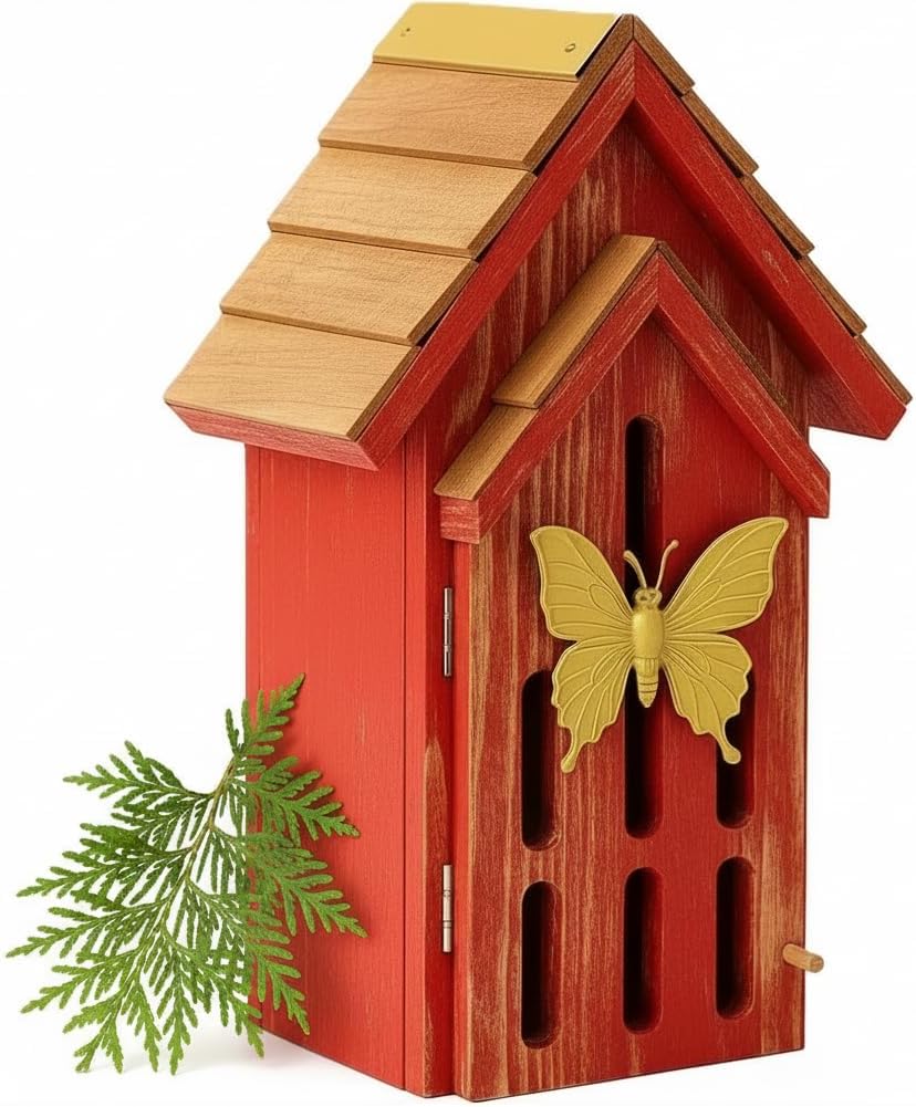 Shingle Roof Butterfly House for Outdoor, Insect House, Vintage Style Cedar Wood Bee House for Garden Outside, Open Door for Easy Cleaning Conservation.Shelter Hotel with Hooks for Hanging (Red)