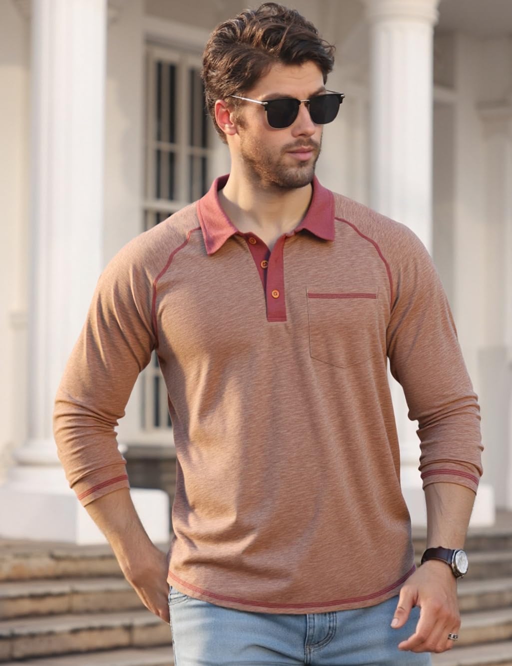 Mens Long Sleeve Polo Shirts with Pocket Fashion Casual Classic Collared Golf Shirt - Image 2