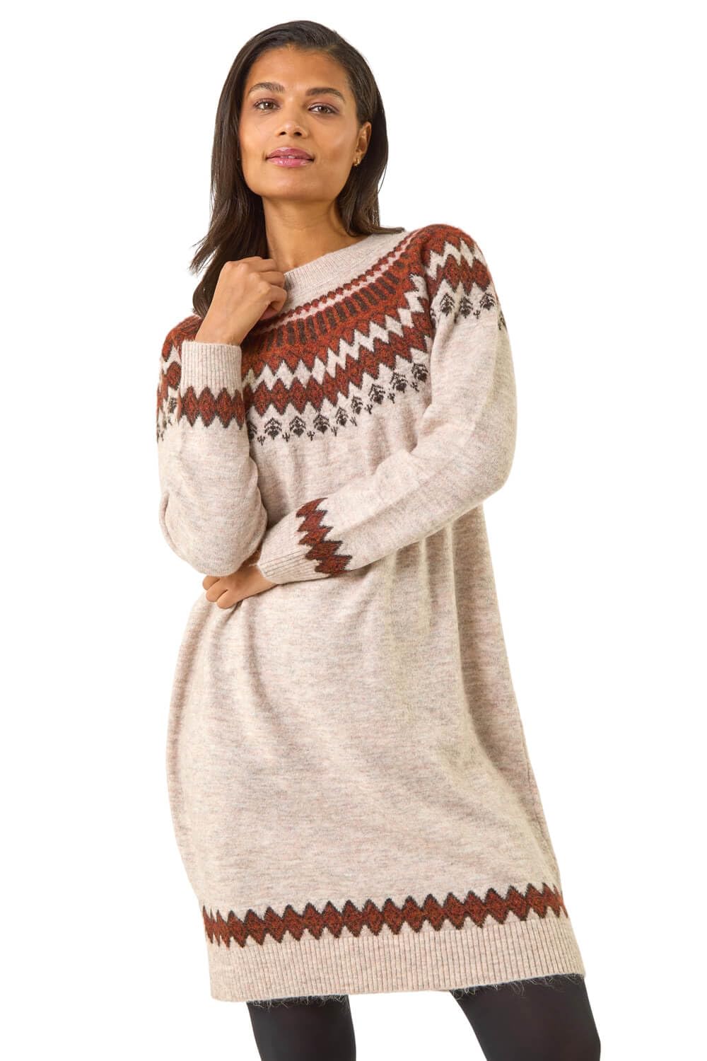 Roman Women's Beige Soft Knit Fairisle Jumper Dress In | : Size 14
