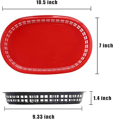 Miniatura 3 de Pistole Paquete de 12 cestas de comida rápida de 10.5 x 7 pulgadas, canastas ovaladas de plástico rojo y negro, bandeja de almacenamiento