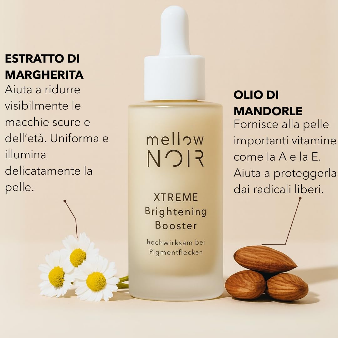 mellow NOIR XTREME Brightening Booster 30ml Siero anti-macchie | Riduce delicatamente le macchie scure, le macchie senili e i segni da acne, Per il viso e la pelle, Vegano
