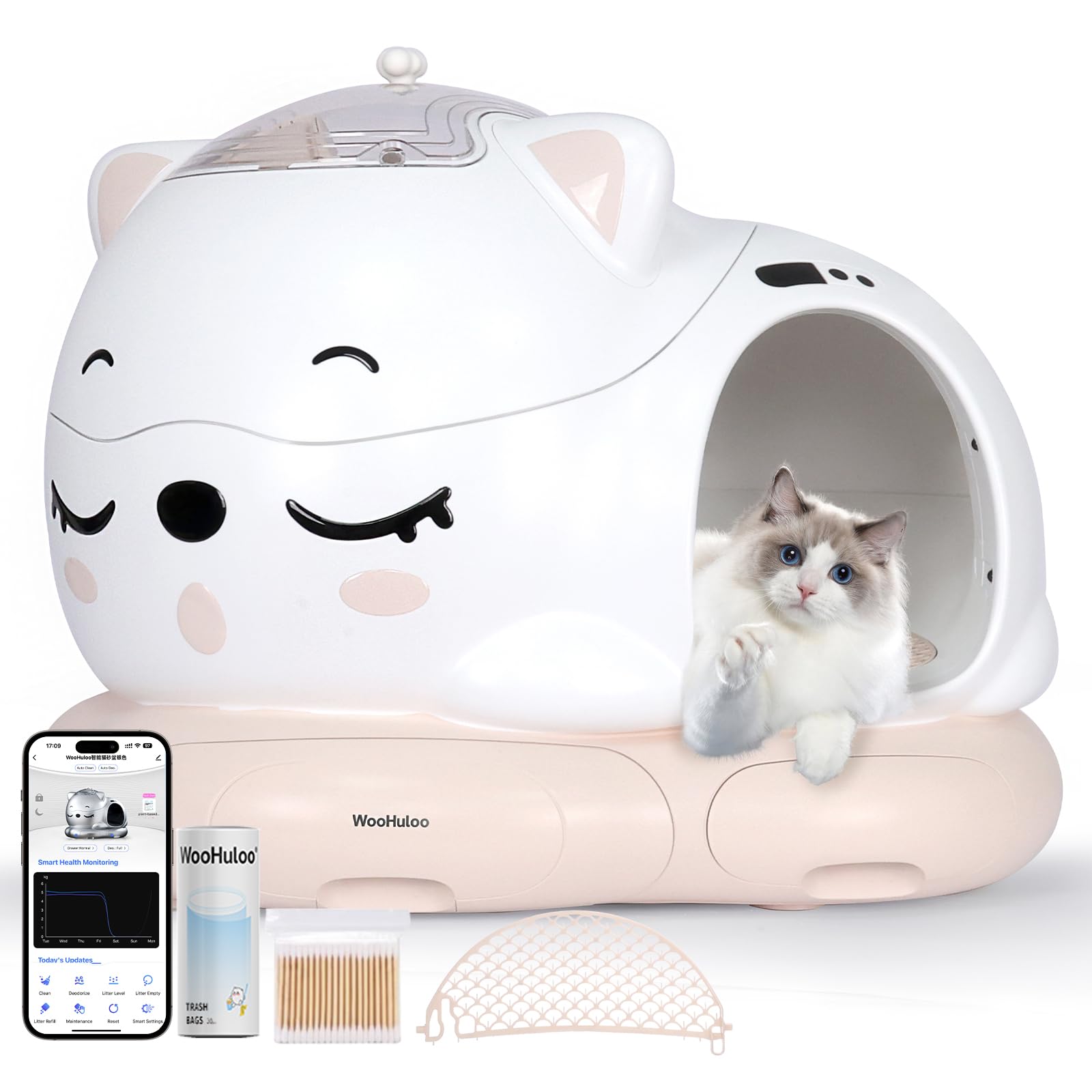 Lettiera autopulente con coperchio aperto, cassetta igienica automatica per gatto con controllo tramite app, doppio sensore di sicurezza, sacchetti per lettiera, grigio/bianco