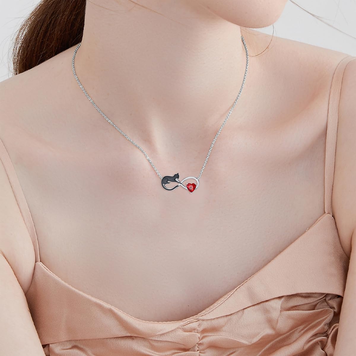Natural Garnet Black Cat Necklace for Women - 925 Sterling Silver Infinity and Cat Pendant - Black Cat Jewelry Gift - Image 4