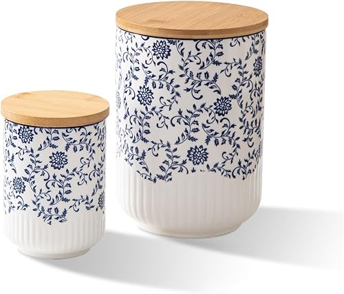Miniatura 8 de Juego de recipientes para cocina - Recipientes de cerámica para encimera con tapas herméticas de madera - Recipientes para harina y azúcar para Azul