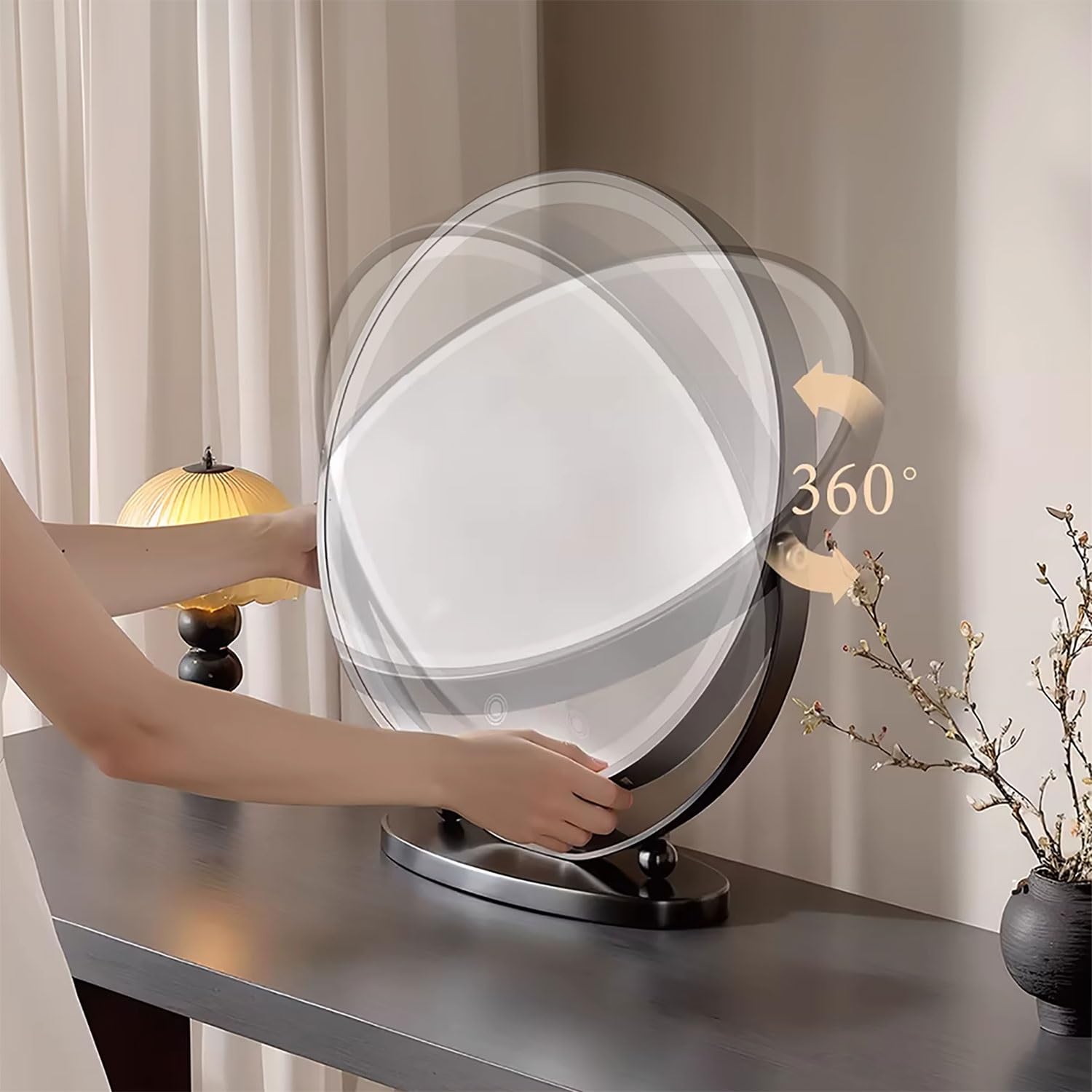 Okrągłe lusterko kosmetyczne LED do makijażu ze sterowaniem dotykowym, obrót o 360°, jasne oświetlenie do toaletki lub sypialni, idealne do makijażu i pielęgnacji