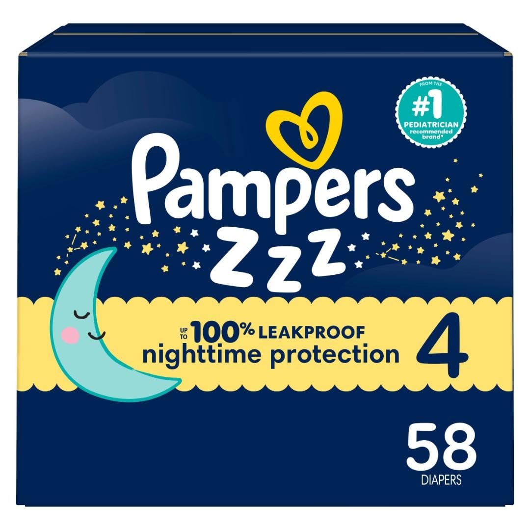 PampersZZZ Overnight Diapers, Size 4 (22-37 lbs), 58 Count, Nighttime Protection Disposable Baby Diaper, Night Time Leak and Skin Protection