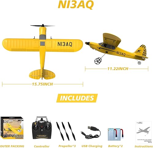 Miniatura 9 de Avión RC de 82.4 °F con control remoto de 3 canales, entrenador de avión deportivo Cub S2 con protector de hélice y sistema de estabilización
