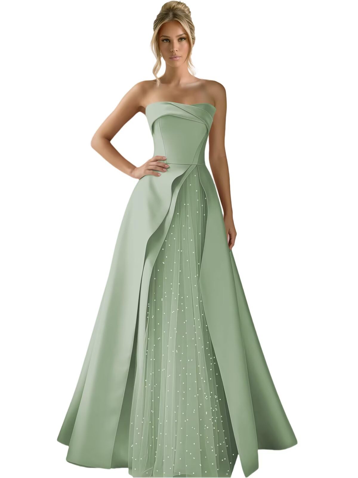 Prom Dress Satin A Line Strapless Pearl Tulle Empire Long Corset Formal Dresses