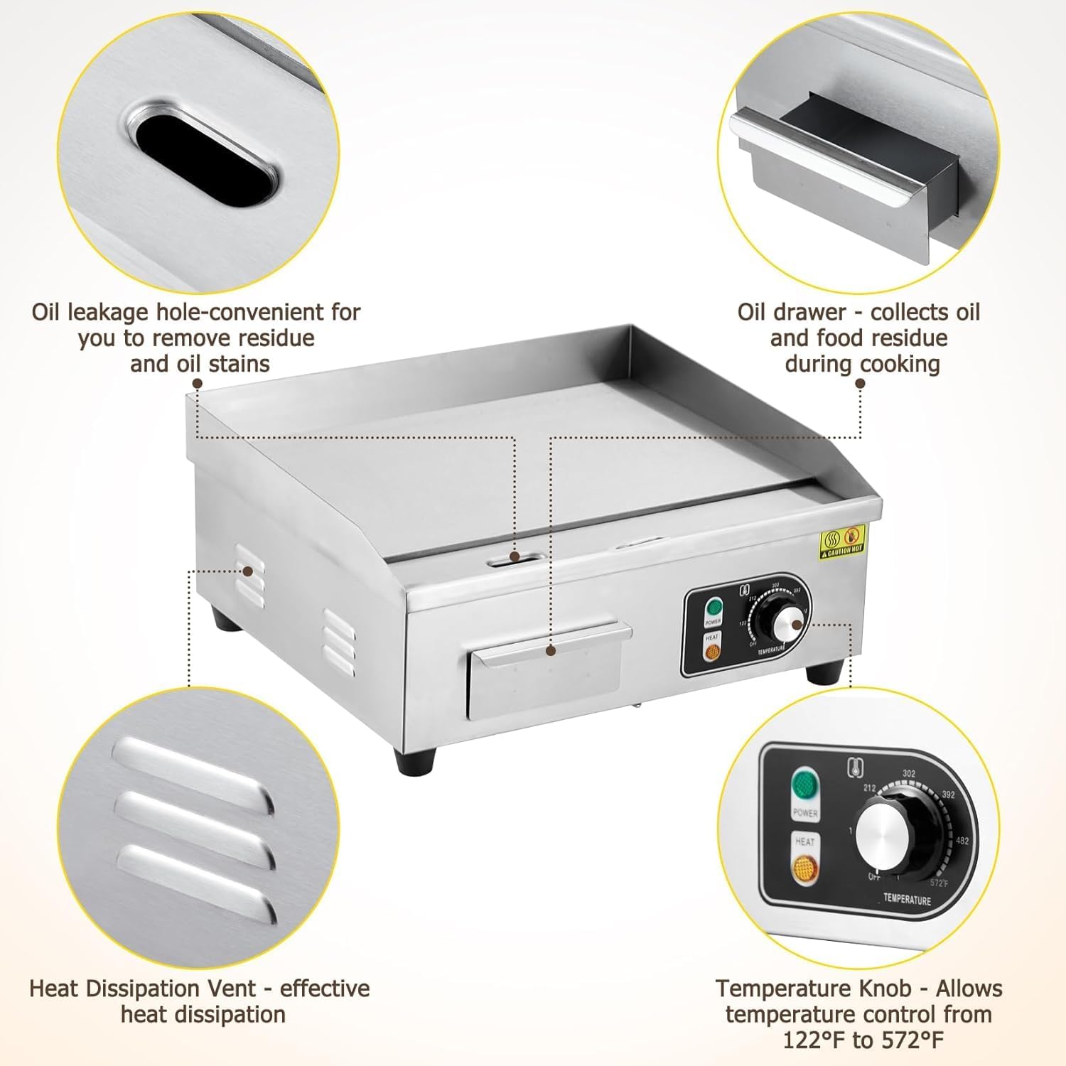 14" Commercial Electric Griddle,110V 3000W Stainless Steel Electric Flat Top Griddle, Non-Stick Plate,Adjustable Temperature Control 122°F-572°F Countertop Griddle for Home Restaurant
