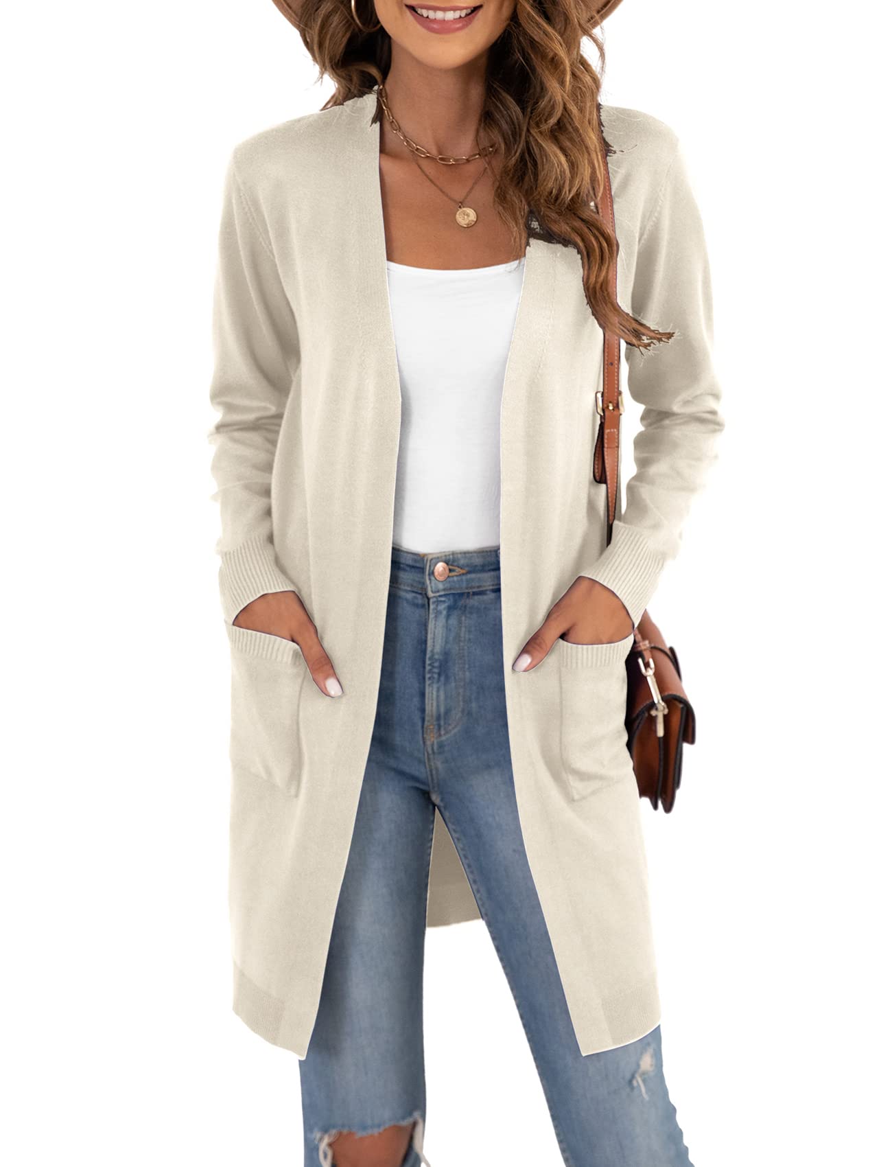 YGJIEGENG Strickjacke Damen Lang Cardigan Elegante Langarm Offene Front Sweater Herbst Winter Casual Strickcardigan mit Taschen S-2XL