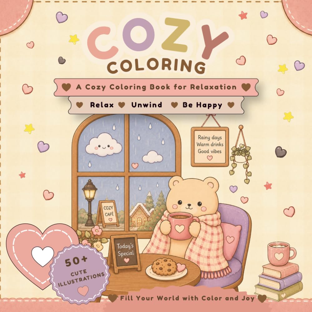Cute & Cozy Coloring Book: 50+ Adorable Illustrations for Stress Relief and Relaxation