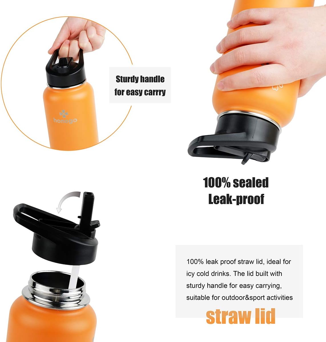 32 oz Powder Coated Double Wall Vacuum Insulated Sports Water Bottle, 18/8 Stainless Steel Wide Mouth Thermal Flask with Straw Lid & Spout Lid, Leak Proof, Sweat Free, BPA Free (Orange, 32 oz) - Image 6