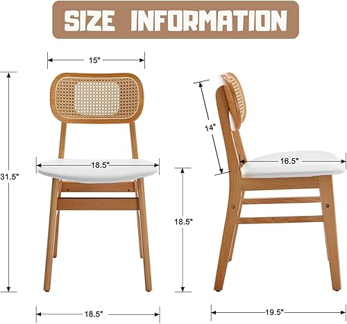 Miniatura 2 de ROCITY Juego de 2 Sillas de Comedor de Ratán de Cuero Sintético Blanco, Sillas de Comedor, Sillas de Cocina de Madera Natural, Sillas Laterales de