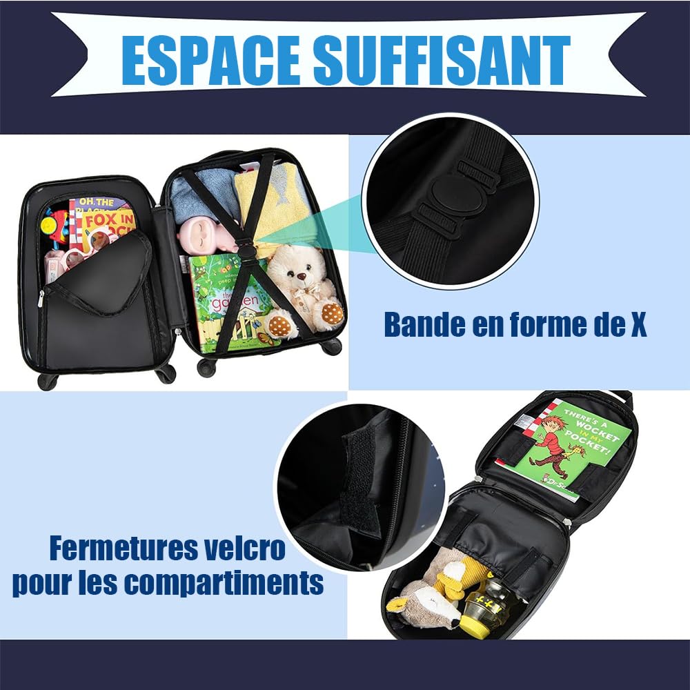 SOARS Valise Enfant Roulette 16" + Sac à Dos 12", Poignée Réglable à 3 Niveaux, Bretelles Larges, Léger de 2,5 KG, Transportable dans l’Avion, Garçon 3-10 Ans