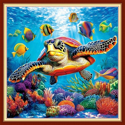 Image of Joyhoor Cross Stitch Kits for Beginners Stamped Cross-Stitch Supplies Needlework preprint Embroidery Kits for Adults DIY Needlepoint Kits Embroidery Patterns 11CT-Underwater sea Turtle 18x18 inchs