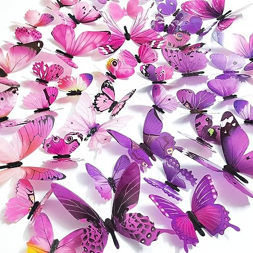 Ewong 60Pcs 3D Butterfly Wall Decor, Decoration Party Birthday Cake Waterproof Removable Mural Sticker, Butterflies Wall Art Home Decals Living Room Bathroom Bedroom Office Decorative (Pink Purple)