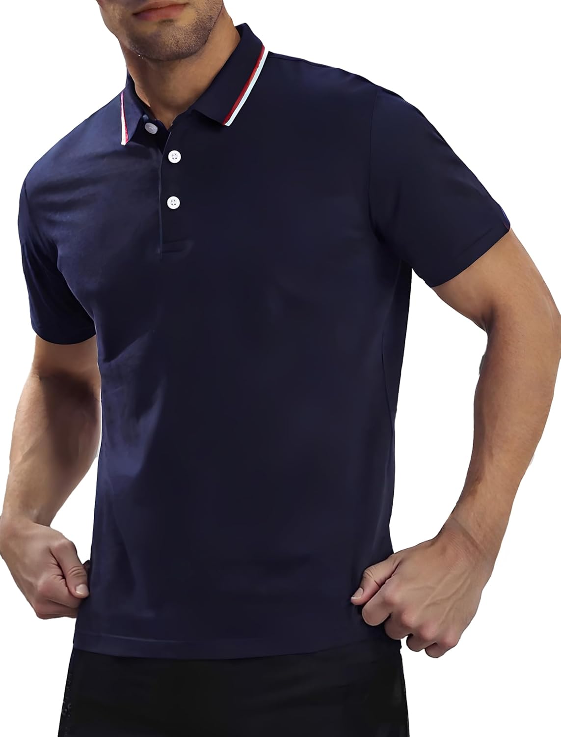 MagnaMan Slim Fit Short Sleeve Polo Shirts for Men - Cotton, Business Casual Stretch Shirt, Breathable Golf & Office Wear Navy Small